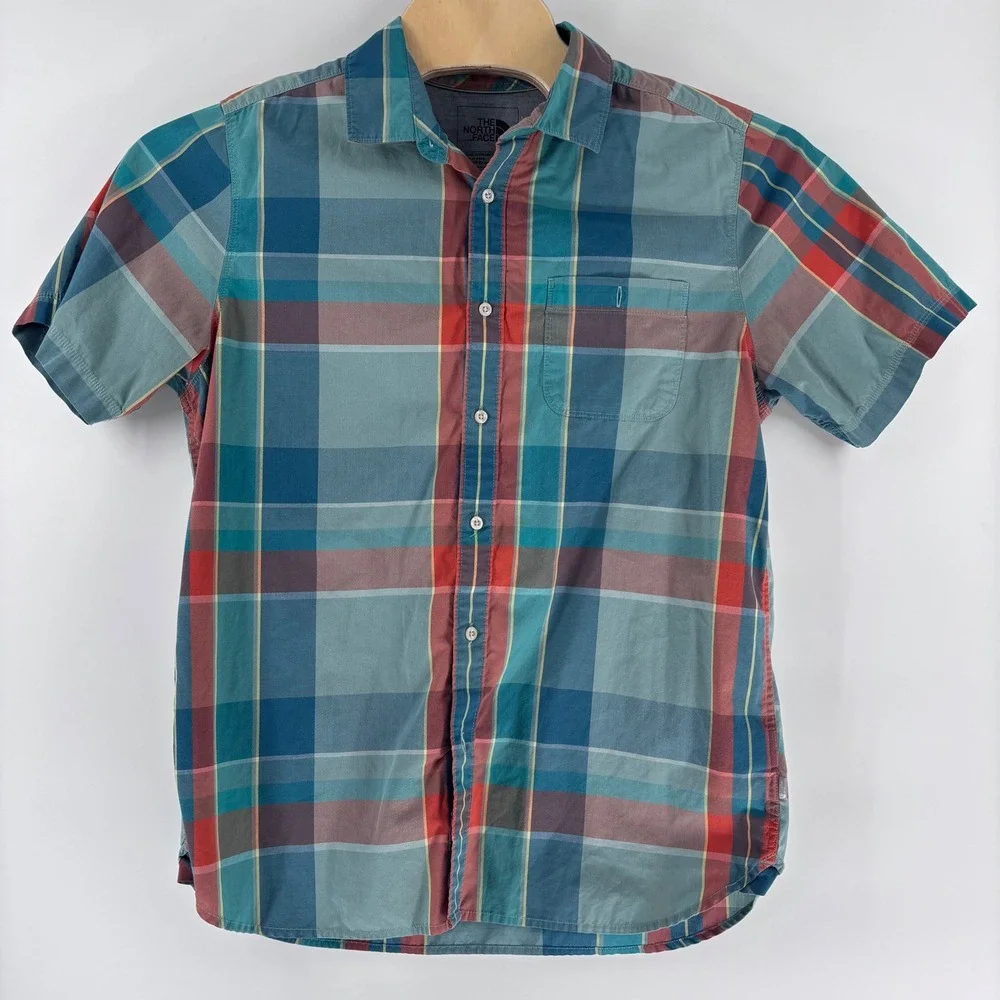 The North Face Button Up Shirt Mens Large Teal Plaid Short Sleeve Outdoor Hiking